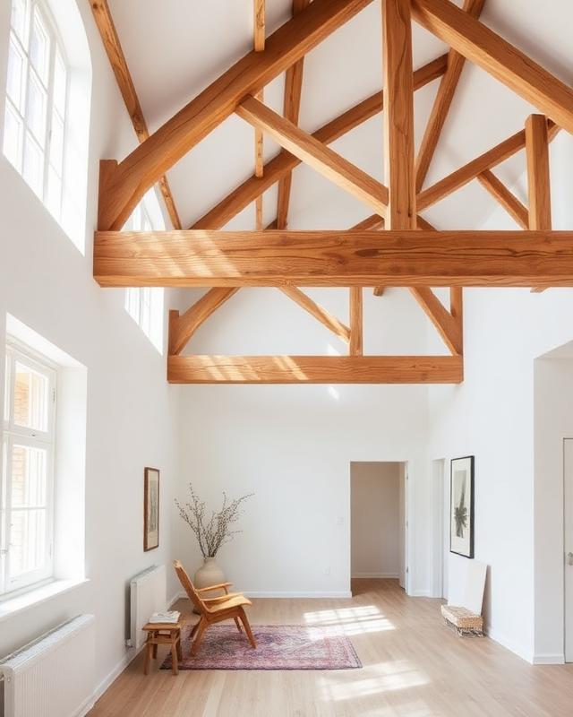 Strak interieur met blootliggende eiken balken